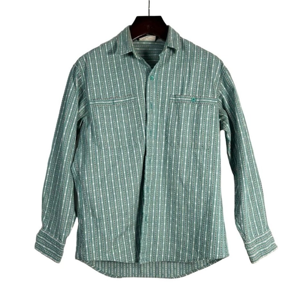 Vintage JORDACHE‎ MAN Size LG Button Up Casual Green Vertical Stripe Western